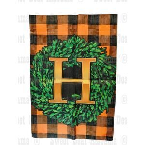 Fall Boxwood Wreath Monogram Letter H Garden Flag 12x18 Inch Double Sided